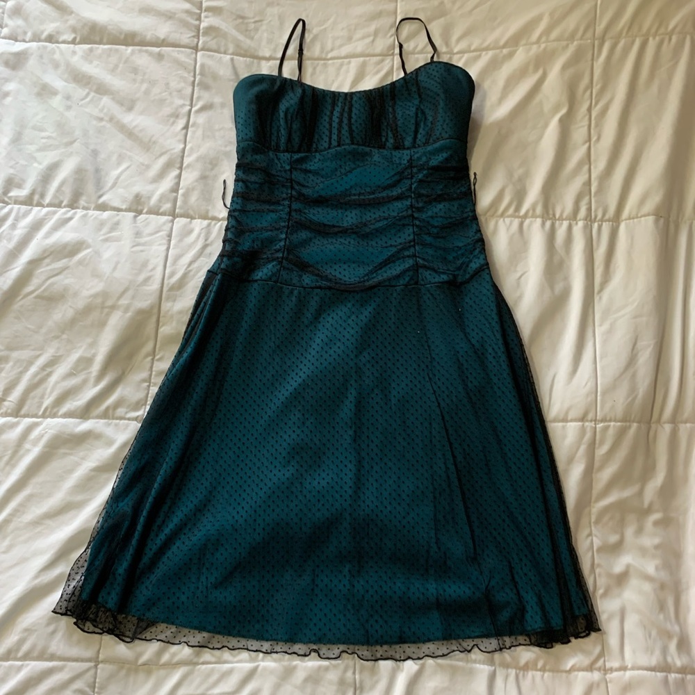 Le Chateau short teal dress - black dot lace overlay